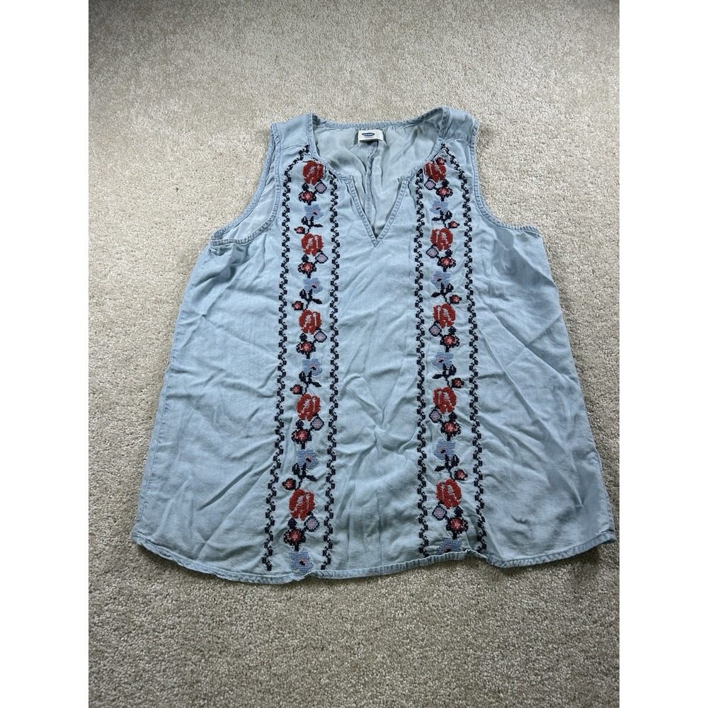 Old Navy Womens SP Blue Embroidered Sleeveless Tunic CottageCore